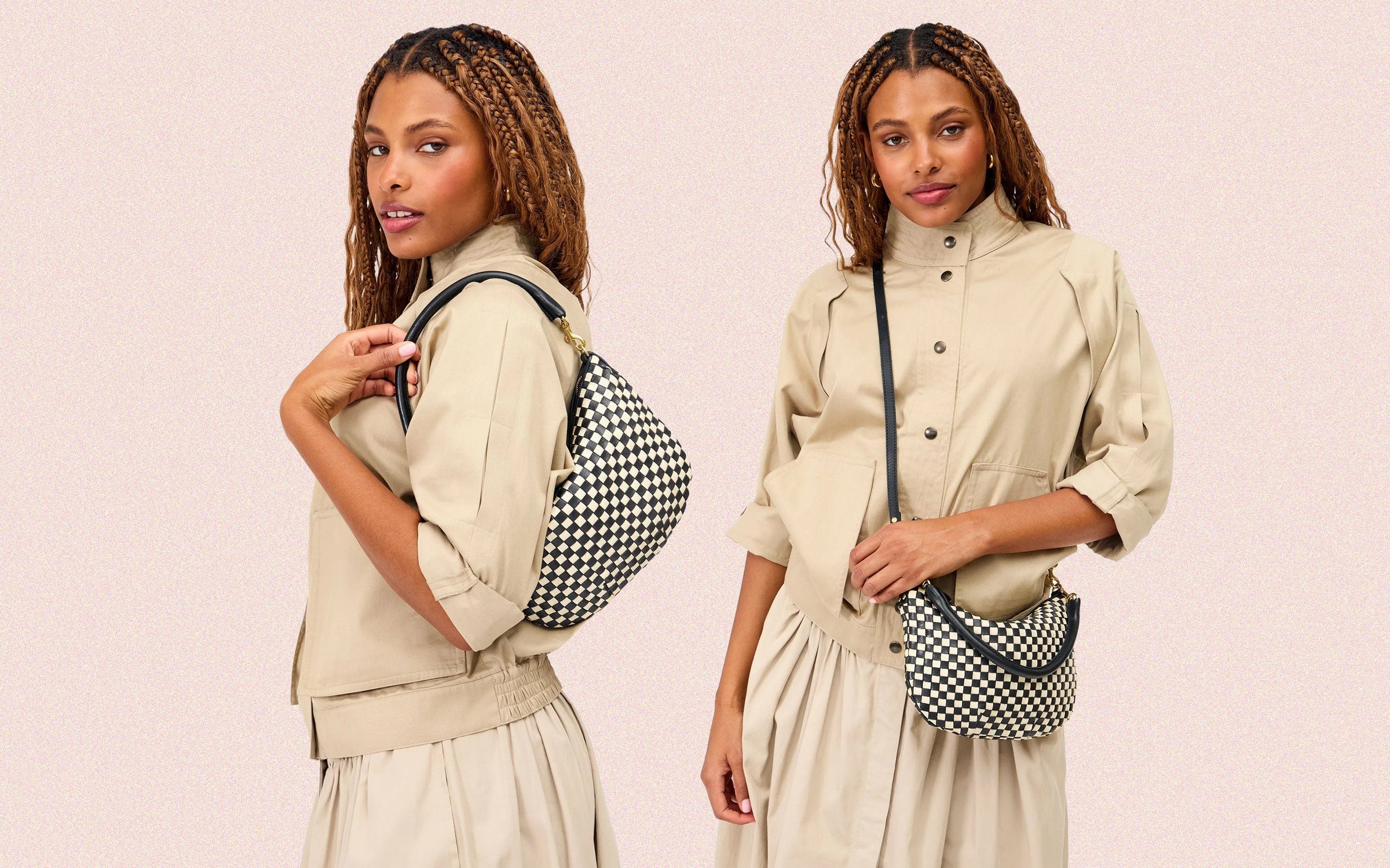 Model carrying the Black/Cream Petit Moyen as a shoulder and crossbody bag. 