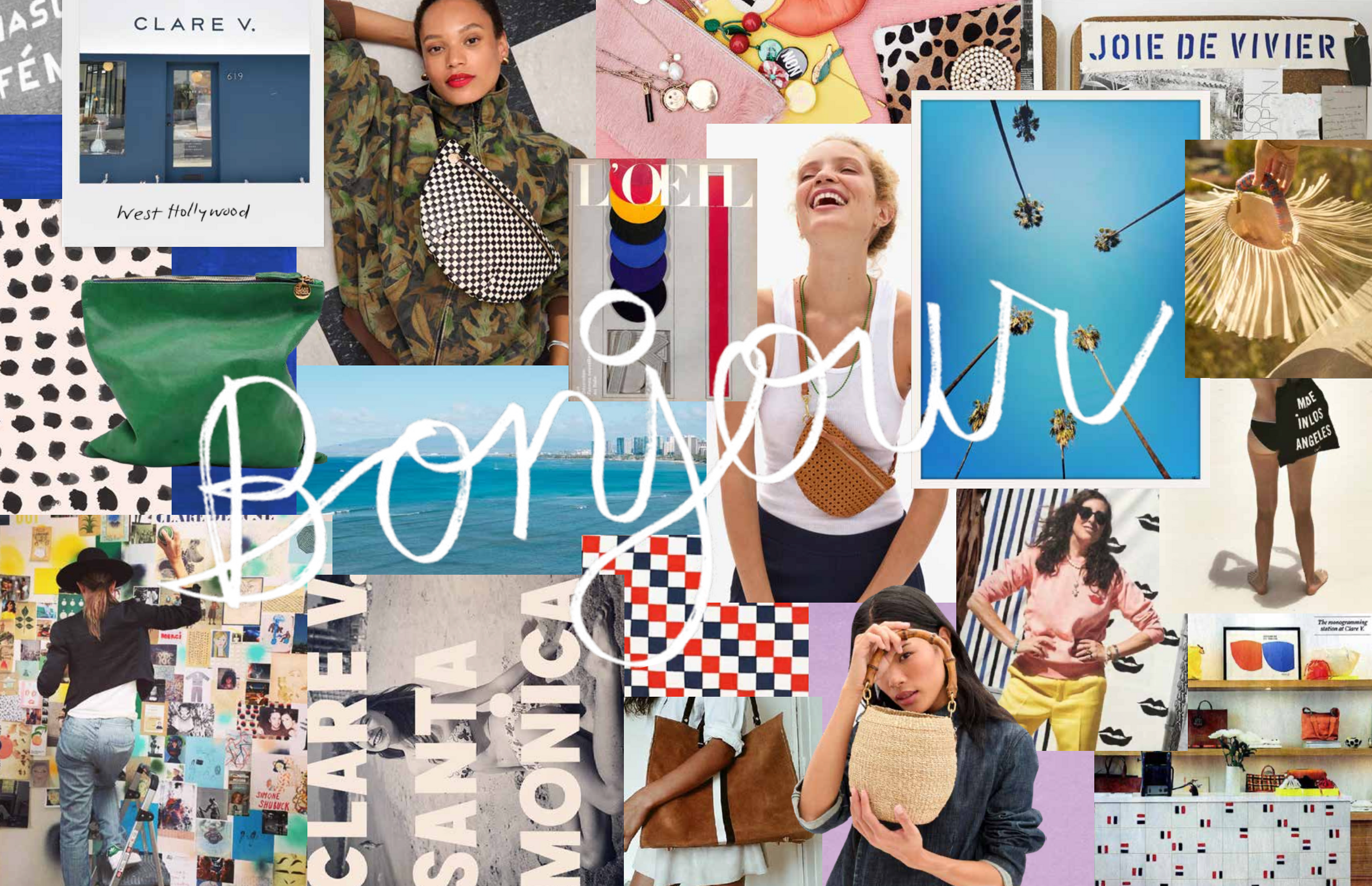 Collage of Clare V. lifestyle pictures with the word Bonjour over it.
