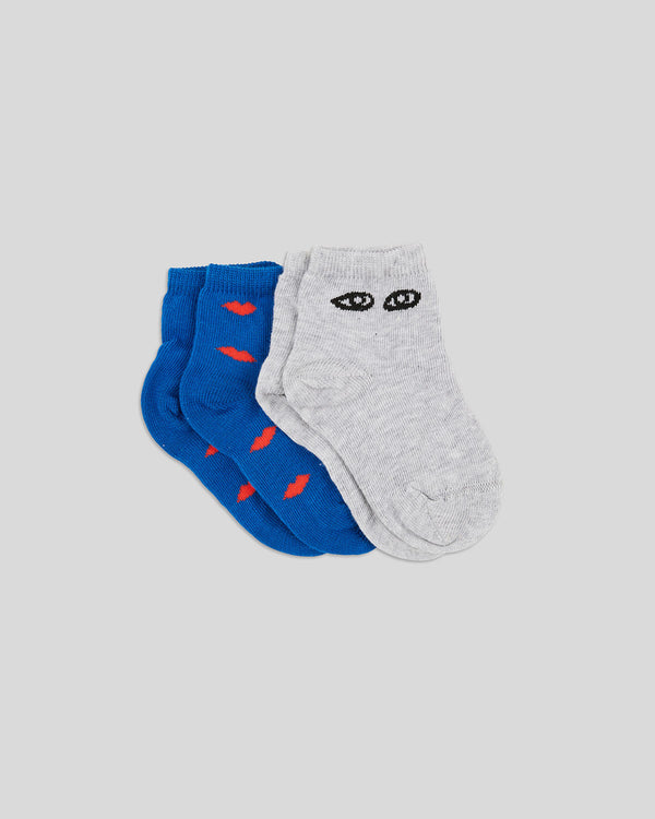 Cobalt w/ Poppy Lips & Grey w/ Black Eyes Baby Sock 2 Pack