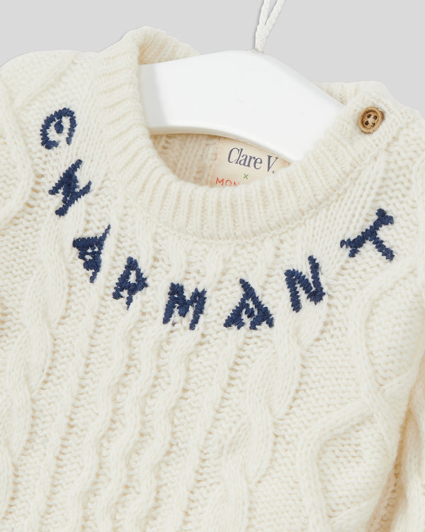 close up of the neckline of the Baby Fisherman Sweater in Cream with Navy Charmant