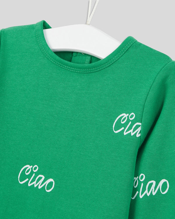 close up of the neckline on the Green with Green Ciao Baby Footie PJs 