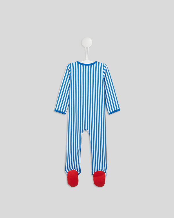 back image of the Baby Footie PJs in Blue and Cream Stripe showing the red feet on the onesie