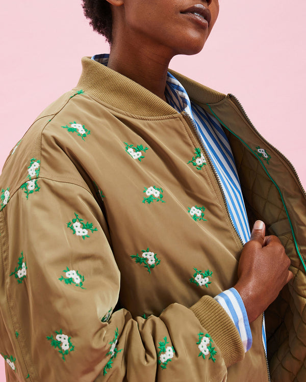 close up of the embroidery on the Khaki Bomber Jacket 