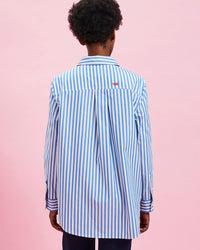 back view of the model wearing the Blue & Cream Stripes w/ Poppy Lips Button Up Shirt