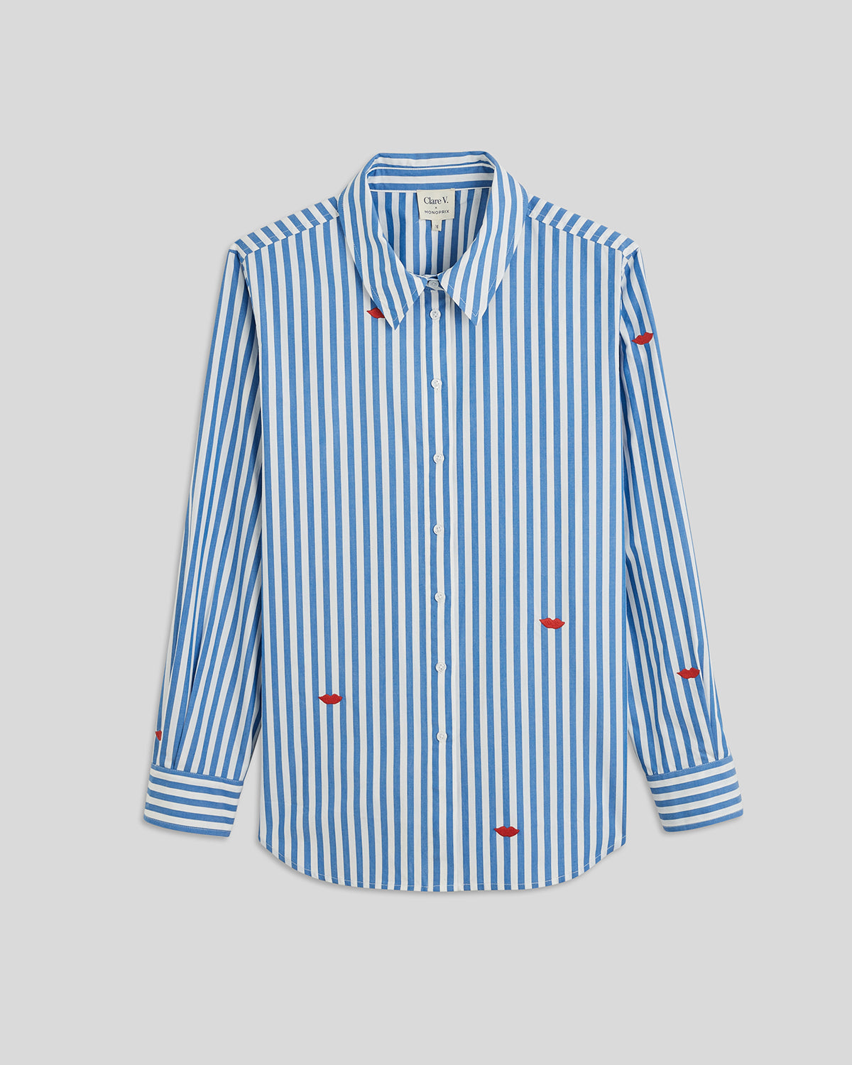 Blue & Cream Stripes w/ Poppy Lips Button Up Shirt