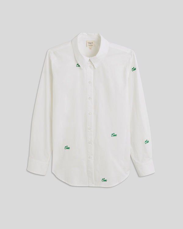 White w/ Green Embroidered Ciao Button Up Shirt