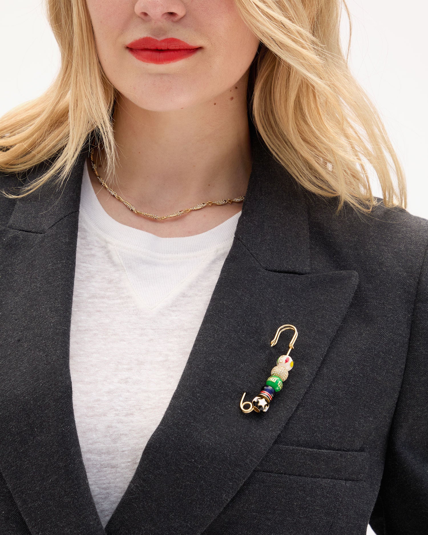 Beaded Blazer Pin on Elle