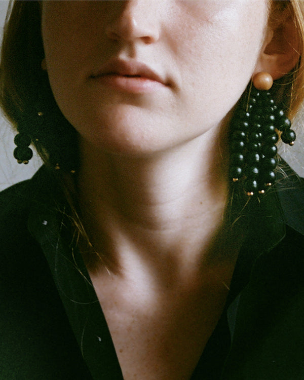 Black Fringe Earrings on model