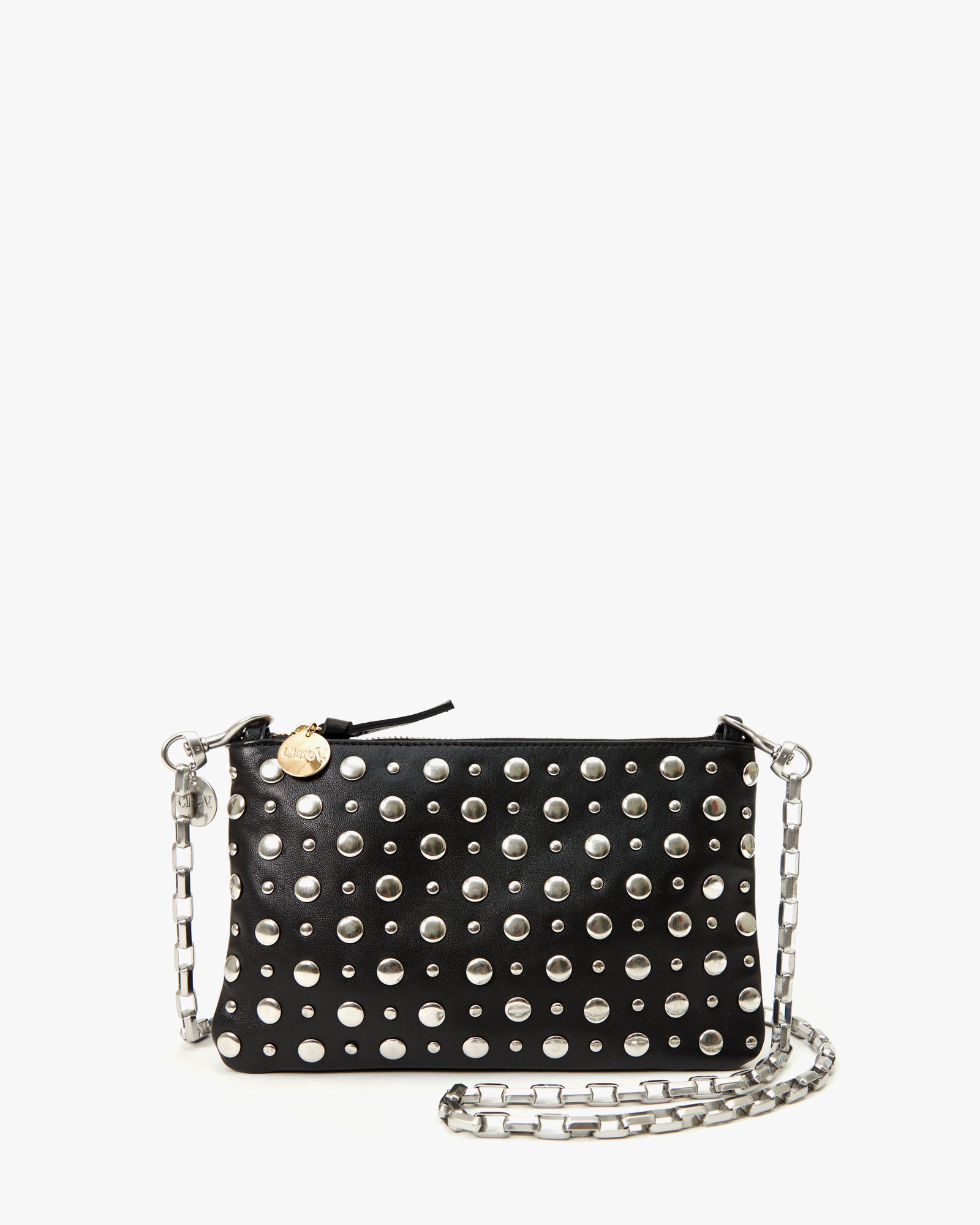 Silver Box Chain Crossbody Strap on the black with silver studs wallet clutch with tabs
