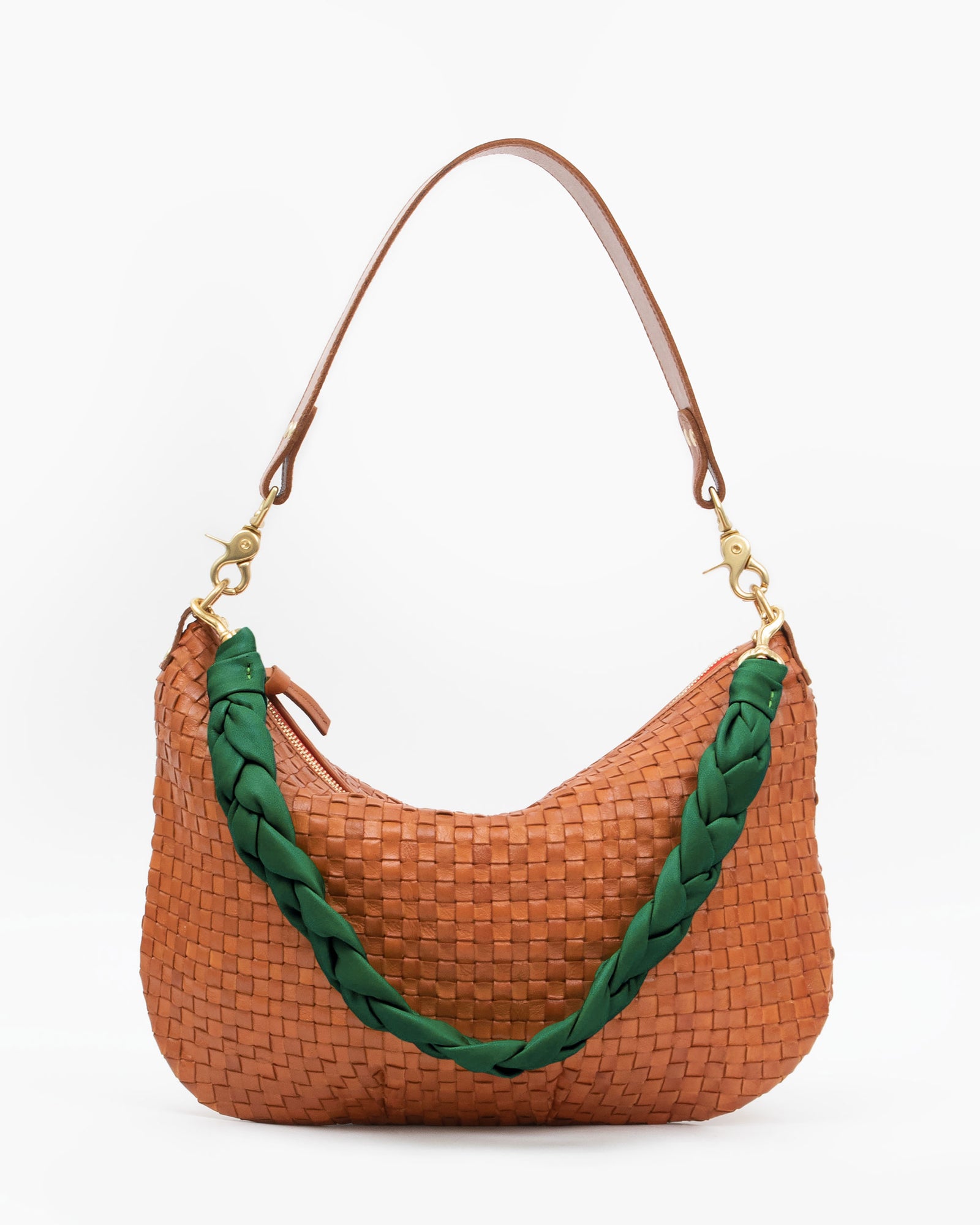 Evergreen Braided Shoulder Strap on the Moyen Messenger in Natural Woven Checker
