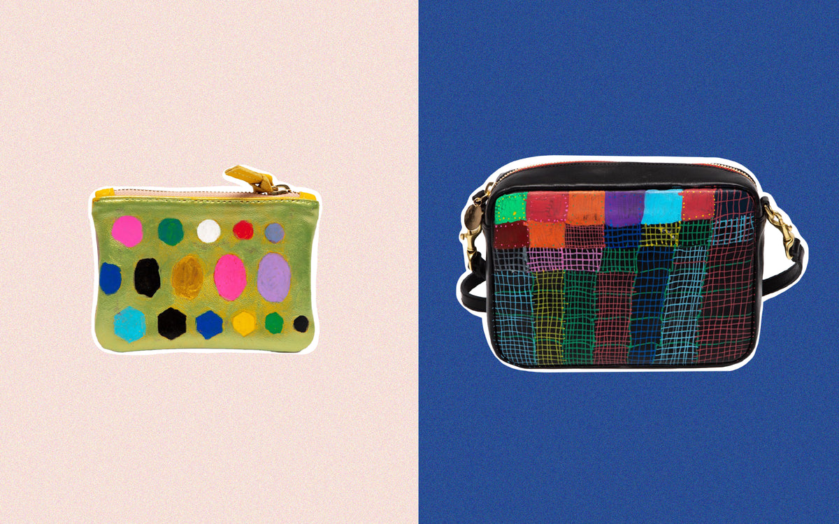 Marigold coin clutch and Black Midi Sac customized by Creative Growth artists.