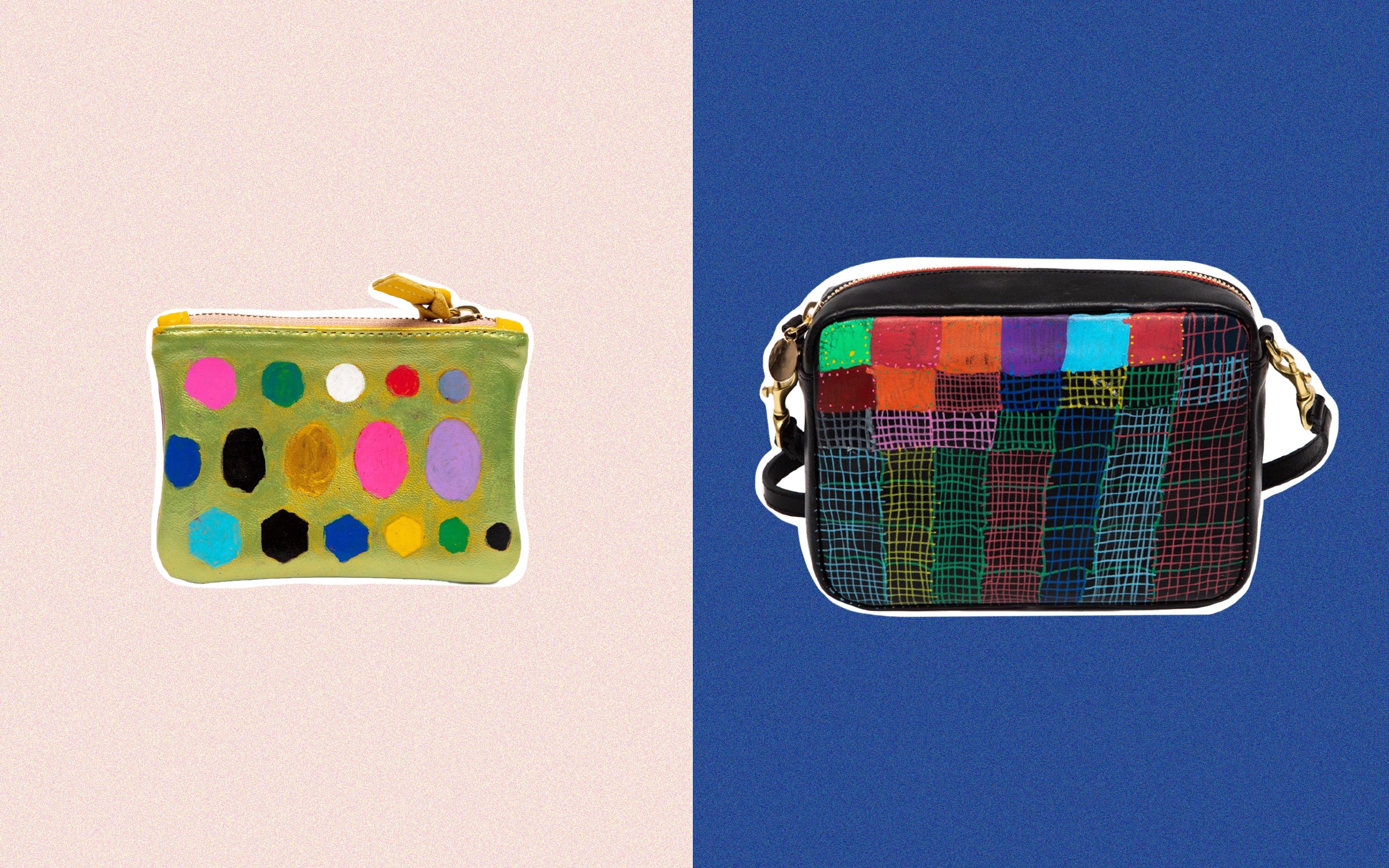 Marigold coin clutch and Black Midi Sac customized by Creative Growth artists.