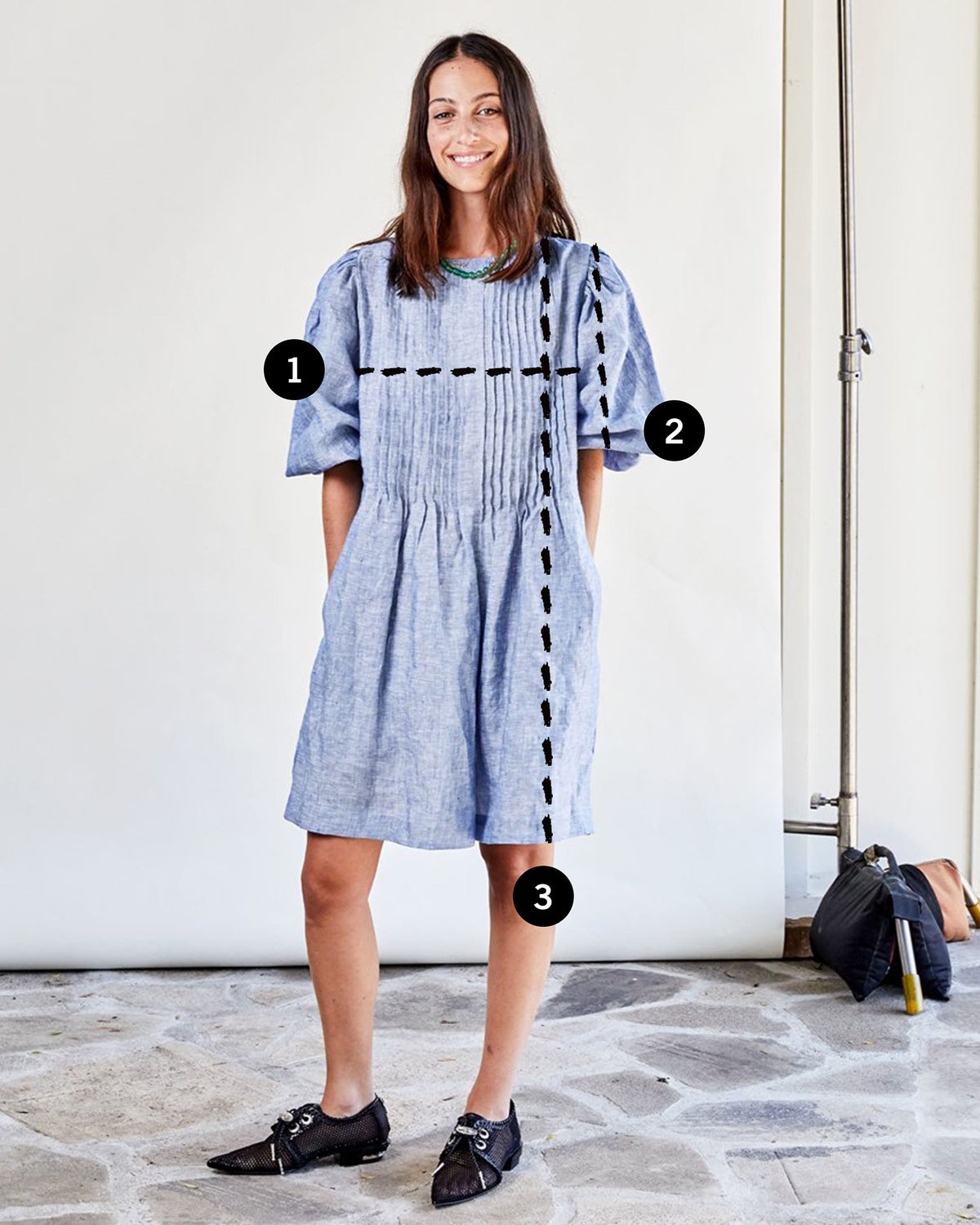 Frannie in a dress with detailed and numbered lines showing how to measure 