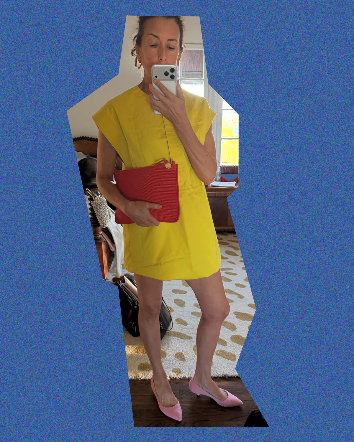 Clare wearing a yellow dress and carrying the Bright Poppy Diamond Perf.