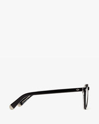 side view of the arms of the Caddis Glossy Black Dogleg Readers