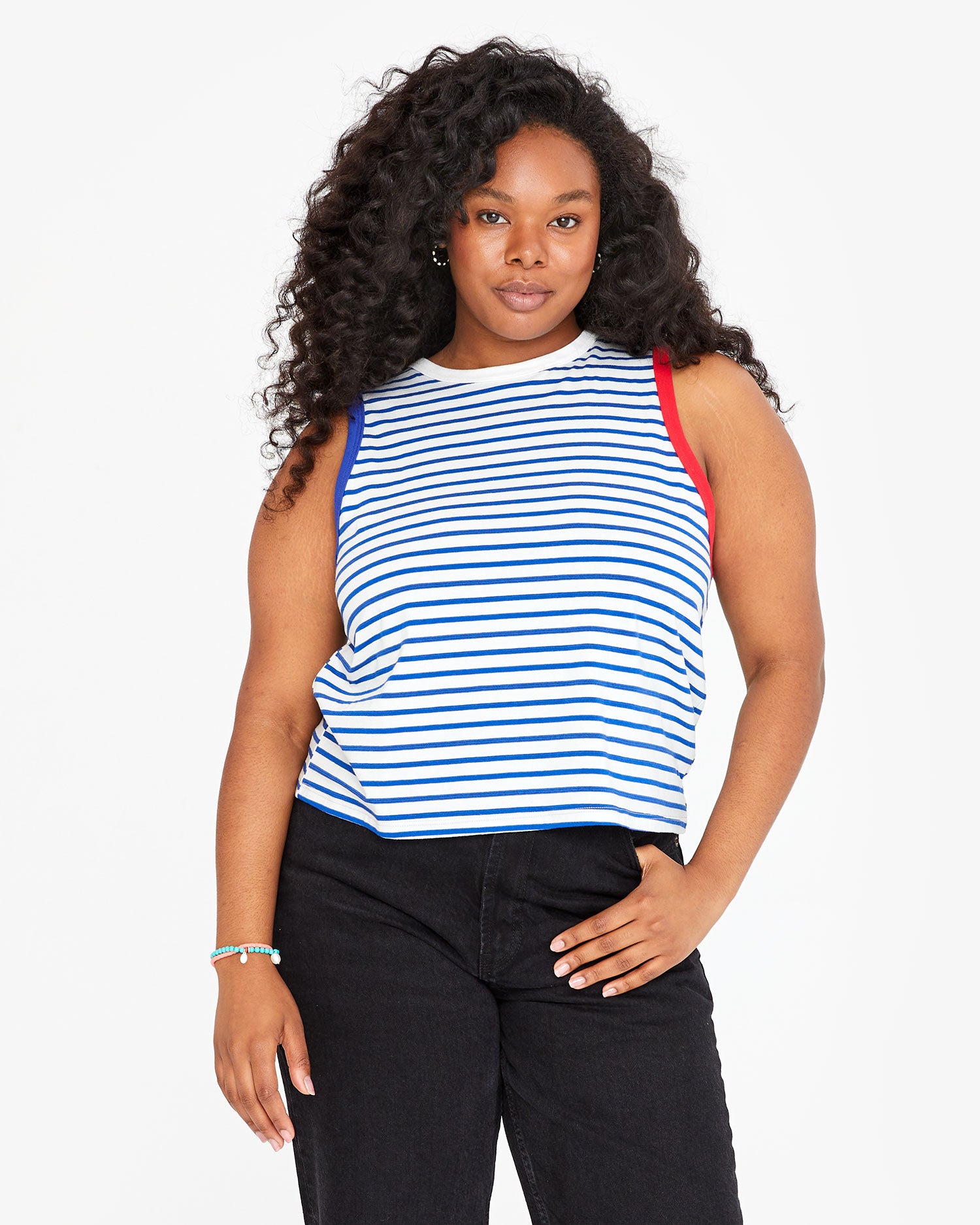 candice wearing the Cobalt and Cream Petit Stripe Camp Fit Tank with black jeans