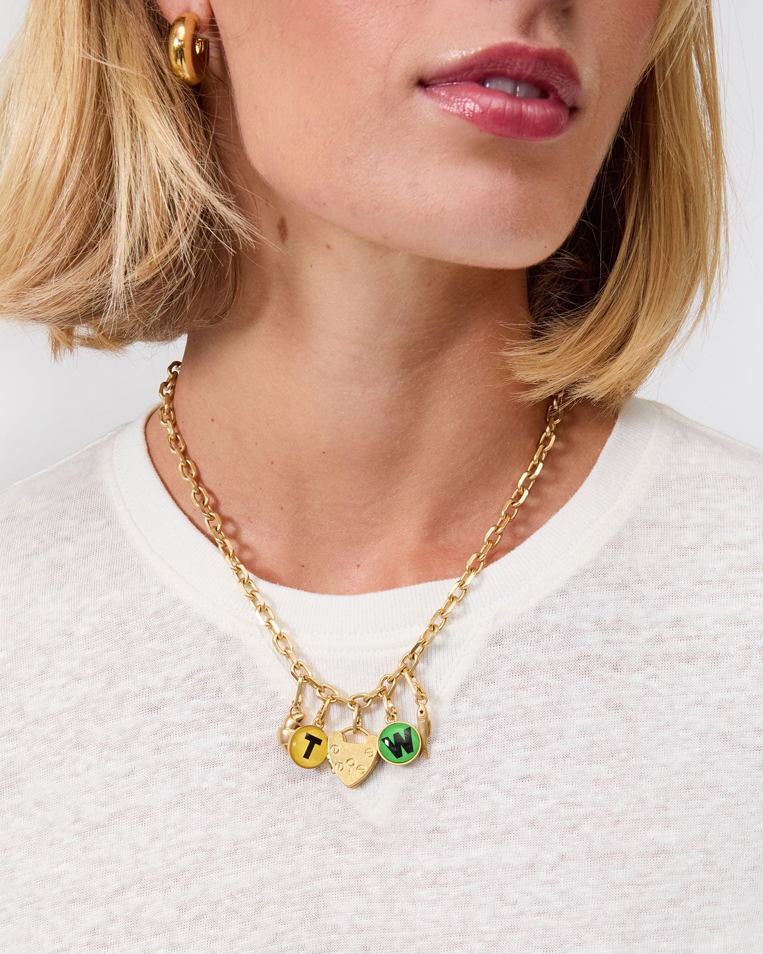 Padlock Locket Charm on Charm Chain Necklace with Assorted Charms