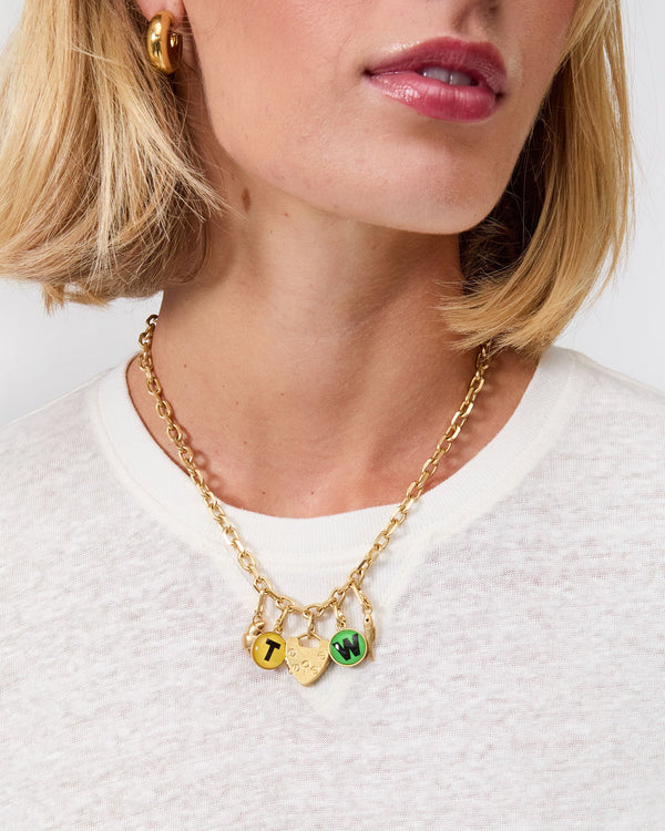 Padlock Locket Charm on Charm Chain Necklace with Assorted Charms