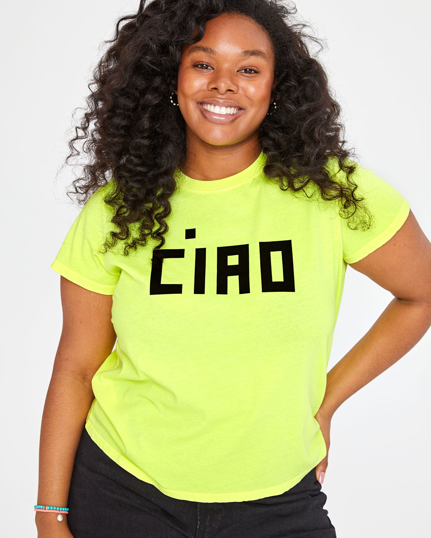 Candice wearing the Neon Yellow w/ Ciao Classic Tee