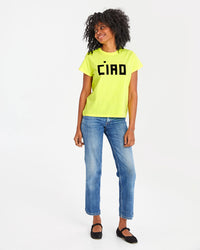 mecca wearing the  Neon Yellow w/ Ciao Classic Tee with jeans and black mary janes