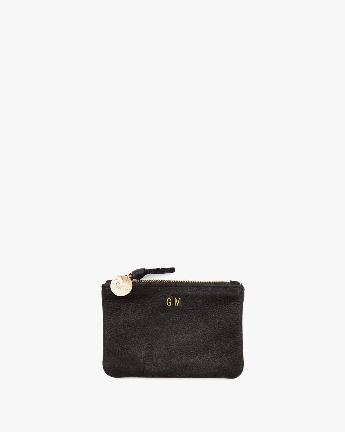 Black Nubuck Coin Clutch with Petit  Gold Foil Monogram In The Top Center
