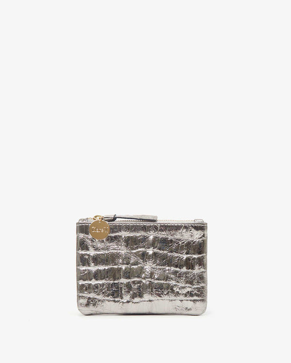 Silver Metallic Croco Coin Clutch