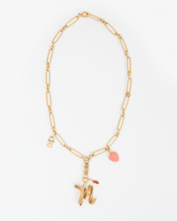 Convertible Chain Necklace Shown as a Y-necklace with the Ciao Charm, M Ribbon Letter Charm, Lips Charm and Coral Stone Heart Charm
