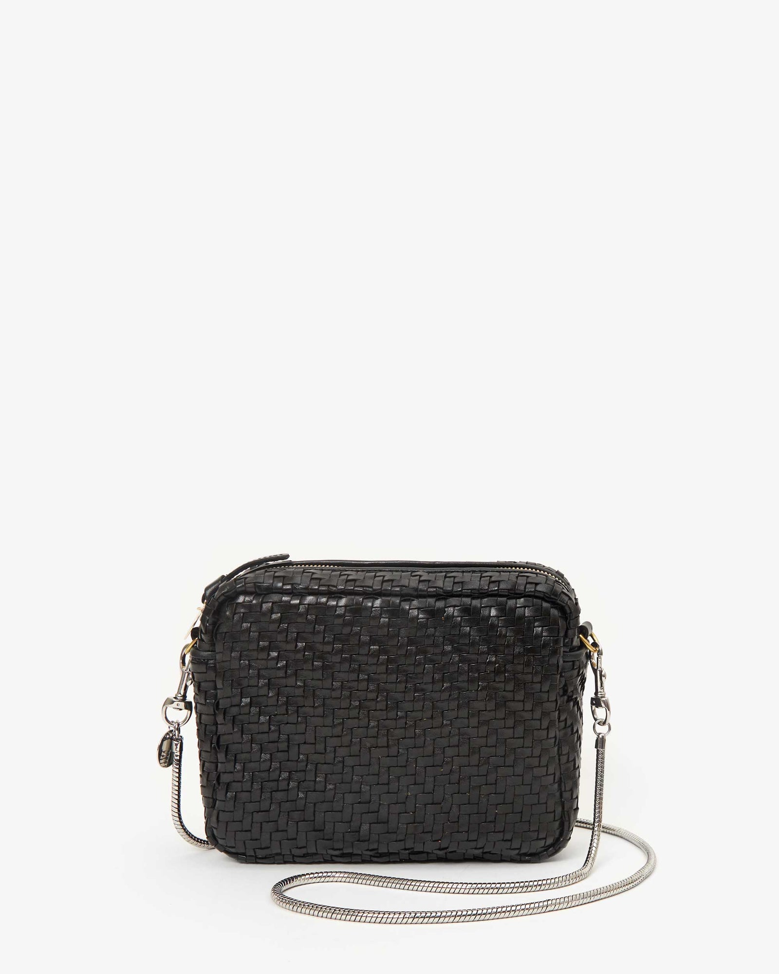 black zig zag woven midi sac with the Silver Snake Chain Crossbody Strap