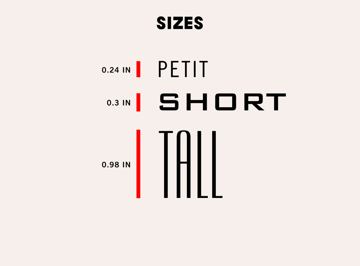 Gold foil font sizes per font. Petit is 0.24 inches, Short is 0.3 inches, Tall is 0.98 inches. 