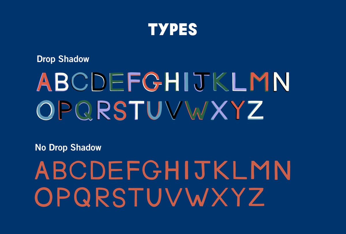 Handpainting Monogram Types showing the alphabet with drop shadow and without. 