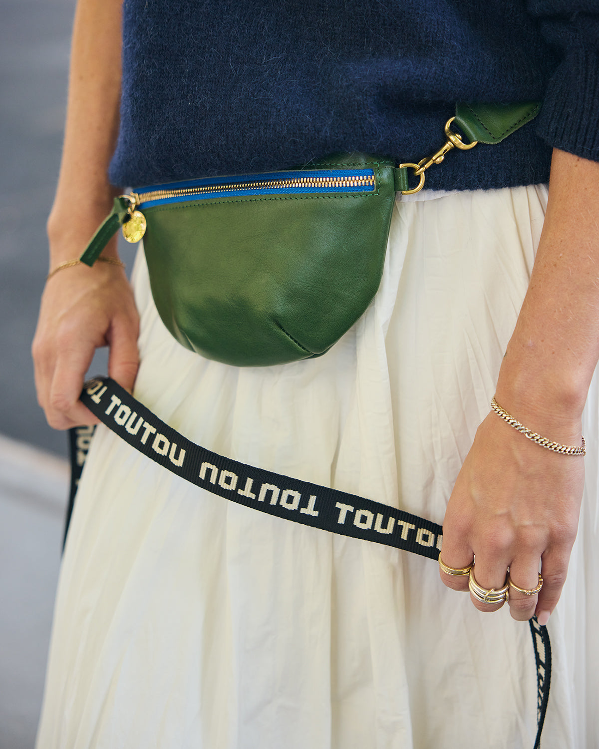 Close-up of the Clare V. x The Dogist Petite Fanny w/ Adjustable Webbing Strap.