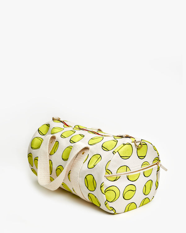 Natural w/ Tennis Balls Duffle from an angle - showing the side zipper pocket