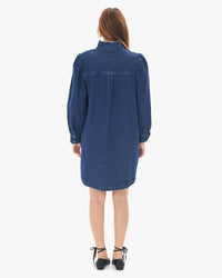 back view of Aurelia in the Denim Twill Ella Dress