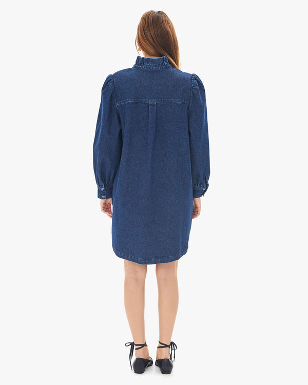 back view of Aurelia in the Denim Twill Ella Dress