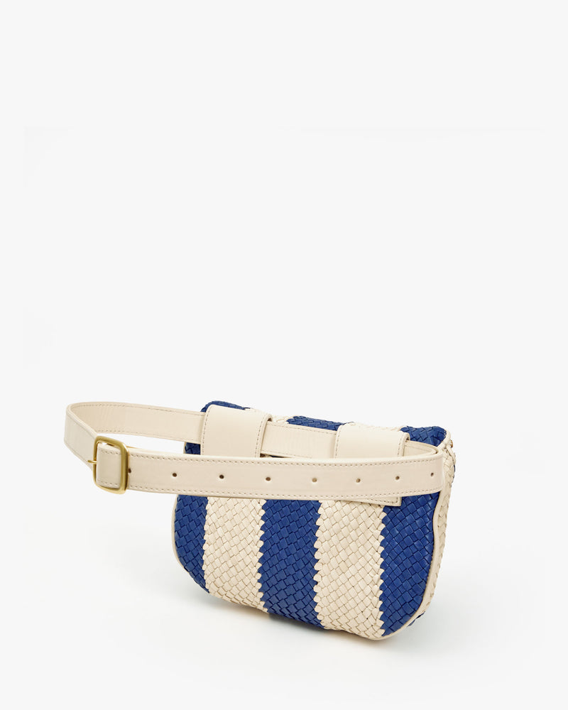 back image of the indigo and cream stripe fanny pack