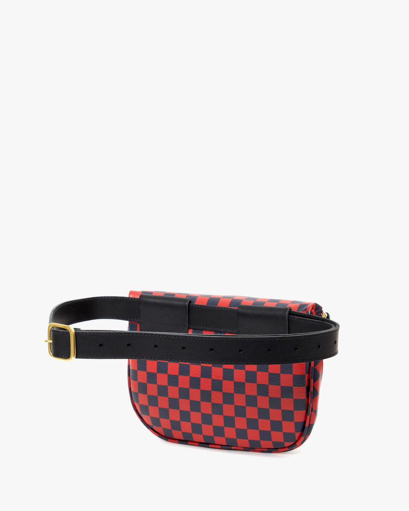 back image of the red and navy checker fanny pack