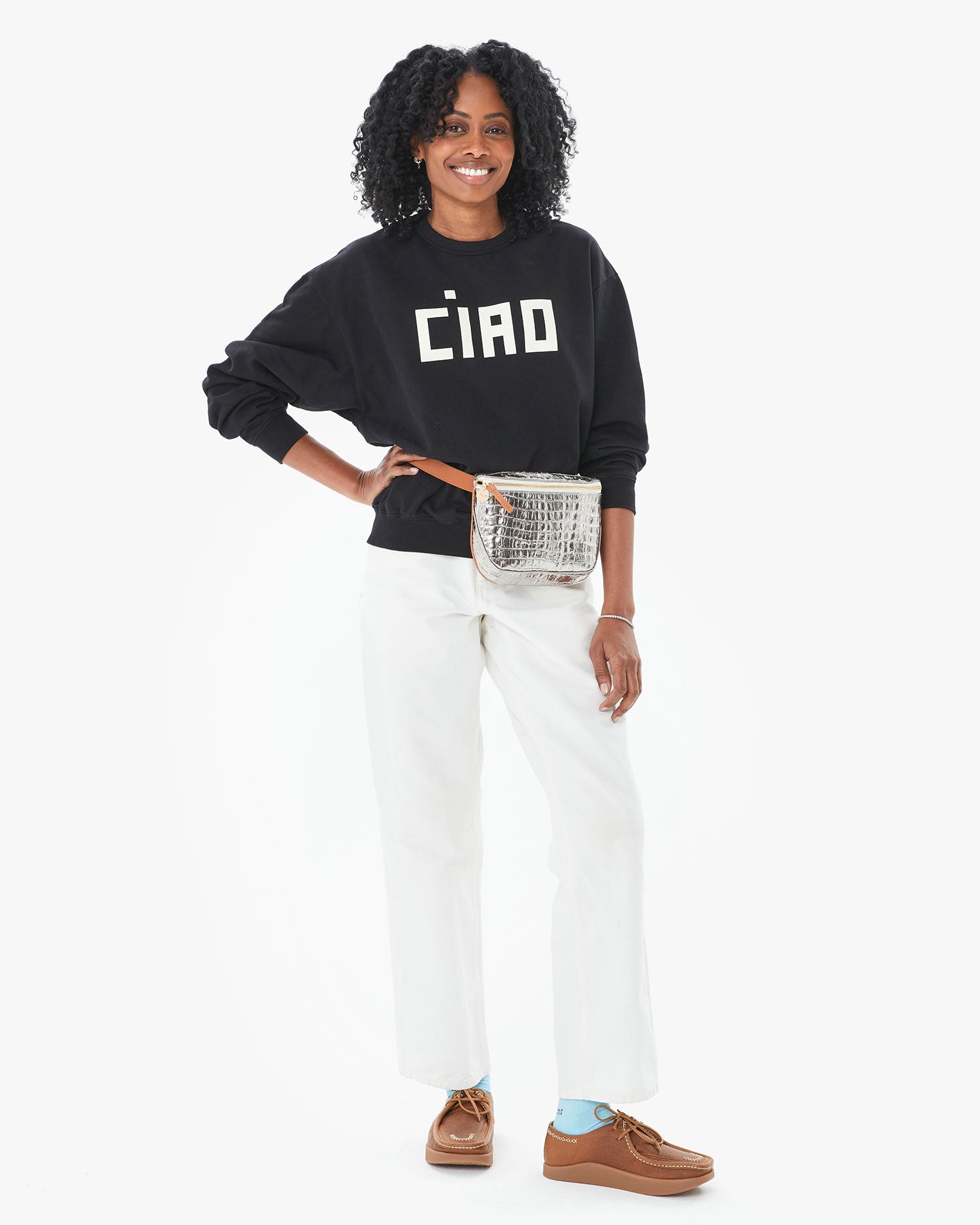 Mecca wearing the Silver Metallic Croco Fanny Pack around her waist