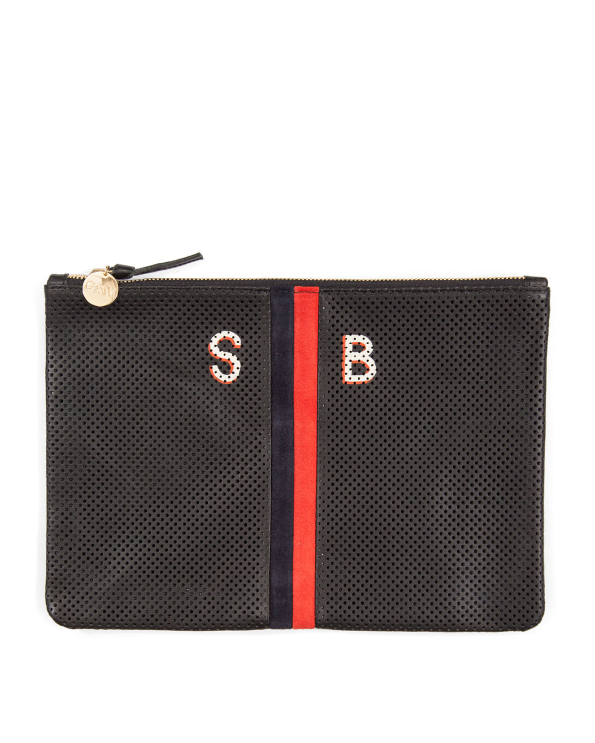 Black Perf Flat Clutch with 1 Inch Hand Painted Letters, Top Center.