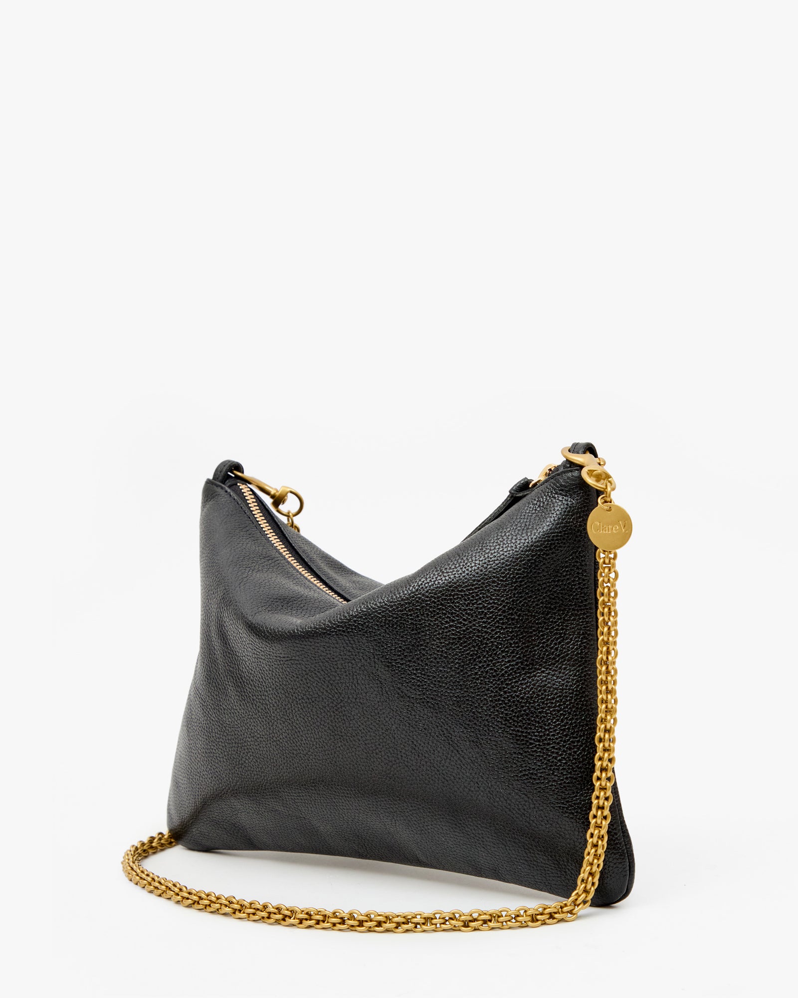 Brass Thick Chain Crossbody Strap on the Flat Clutch in Black Petit Caviar