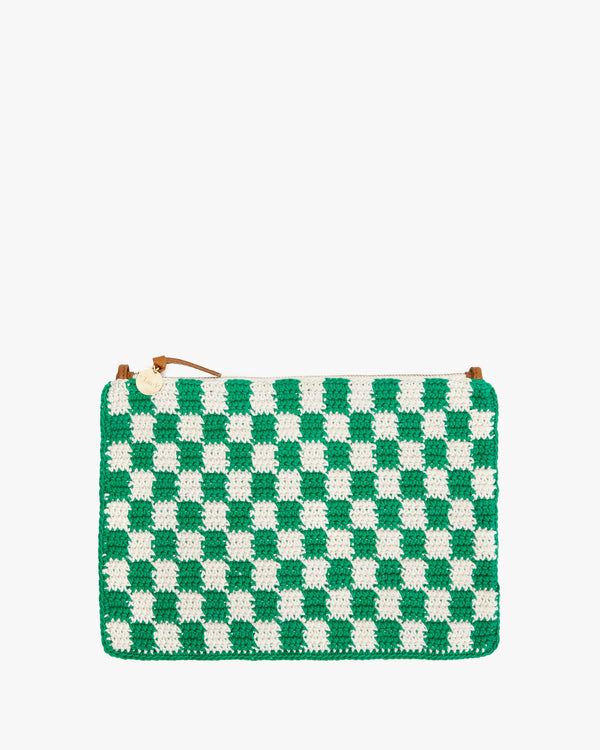 Sea Green & Cream Crochet Checker Summer Flat Clutch with Tabs