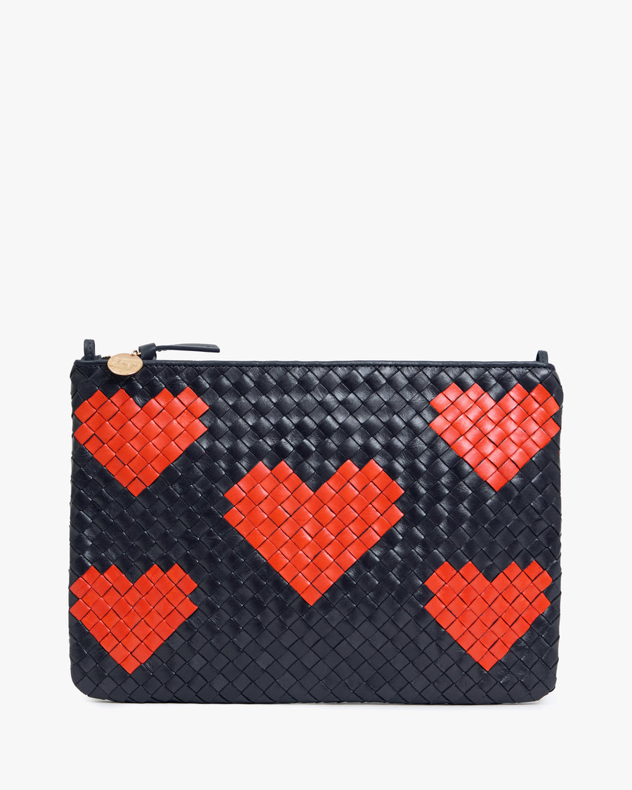 Front View of Flat Clutch with Tabs in Twilight Diagonal Woven with Poppy Hearts