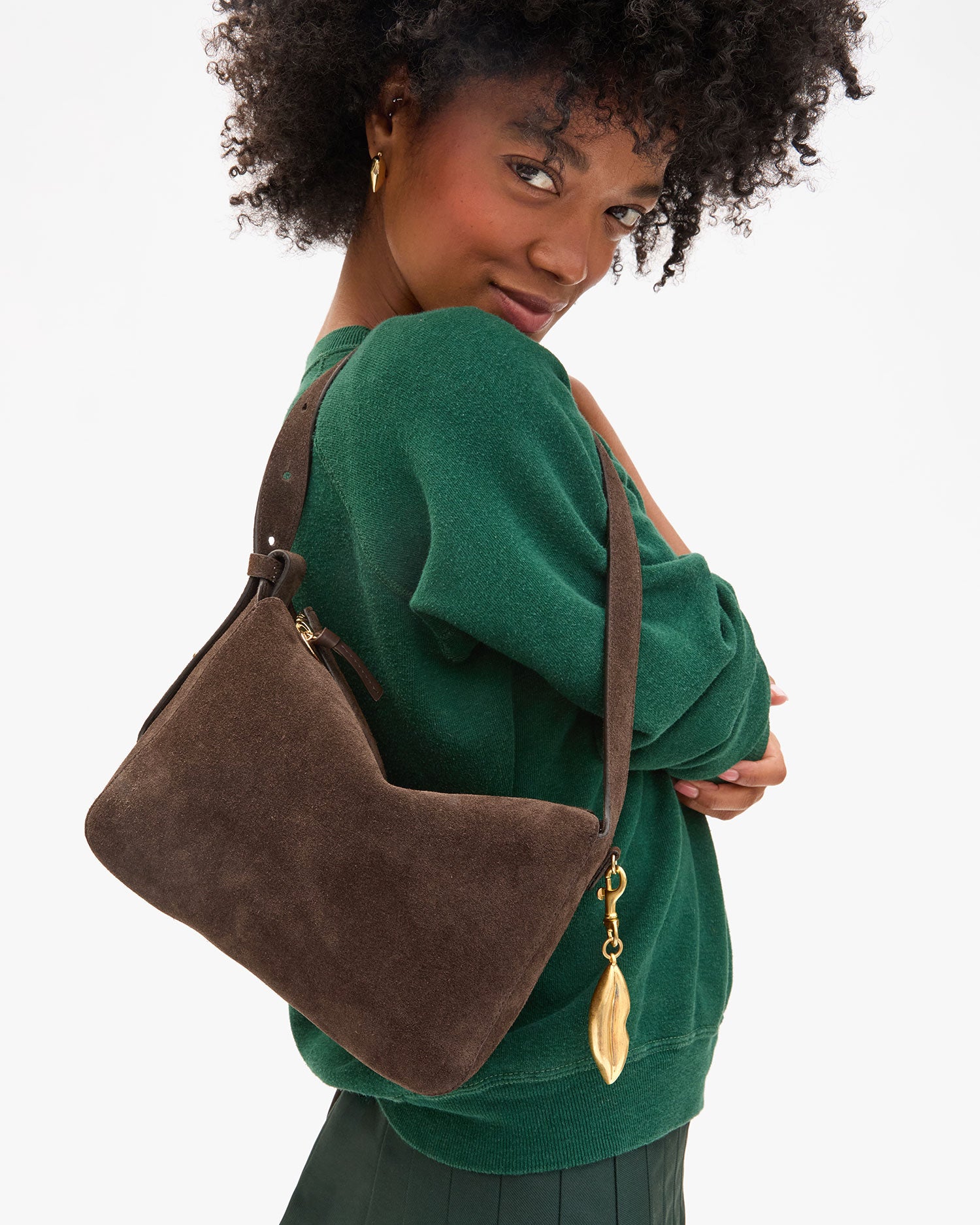 Angel holds Fleurine in Chocolate Suede