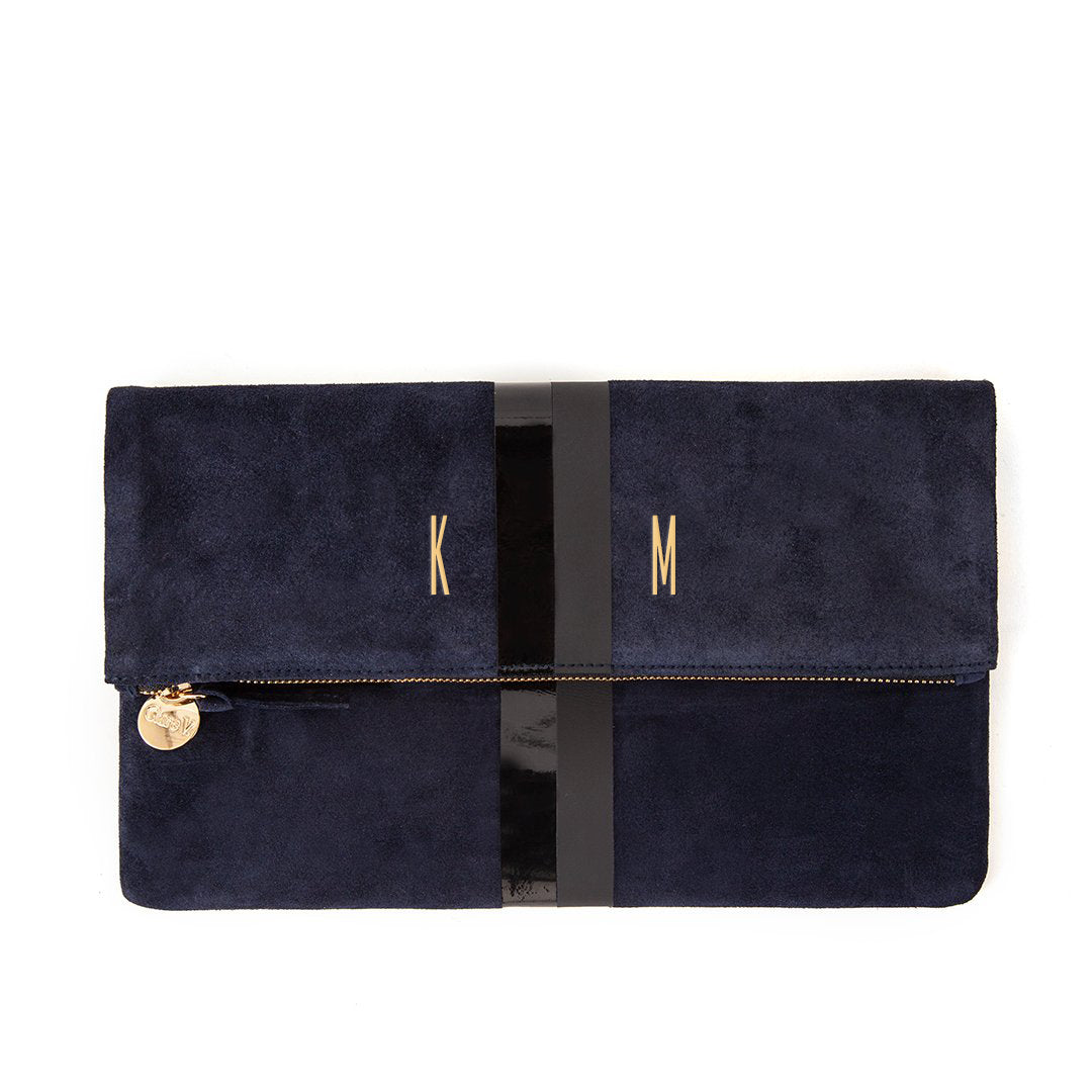 Navy Suede with Matte and Glossy Stripes Foldover Clutch with Tall Gold Foil Monogram in The Middle