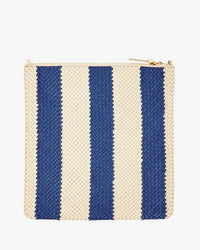 View of the back of the Indigo & Cream Woven Racing Stripes Foldover Clutch w/ Tabs, Shown unfolded laying flat