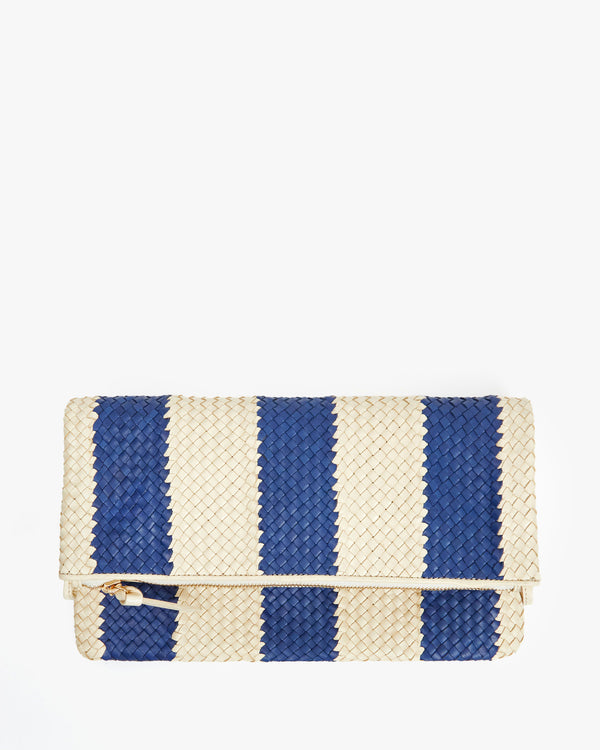 Indigo & Cream Woven Racing Stripes Foldover Clutch w/ Tabs
