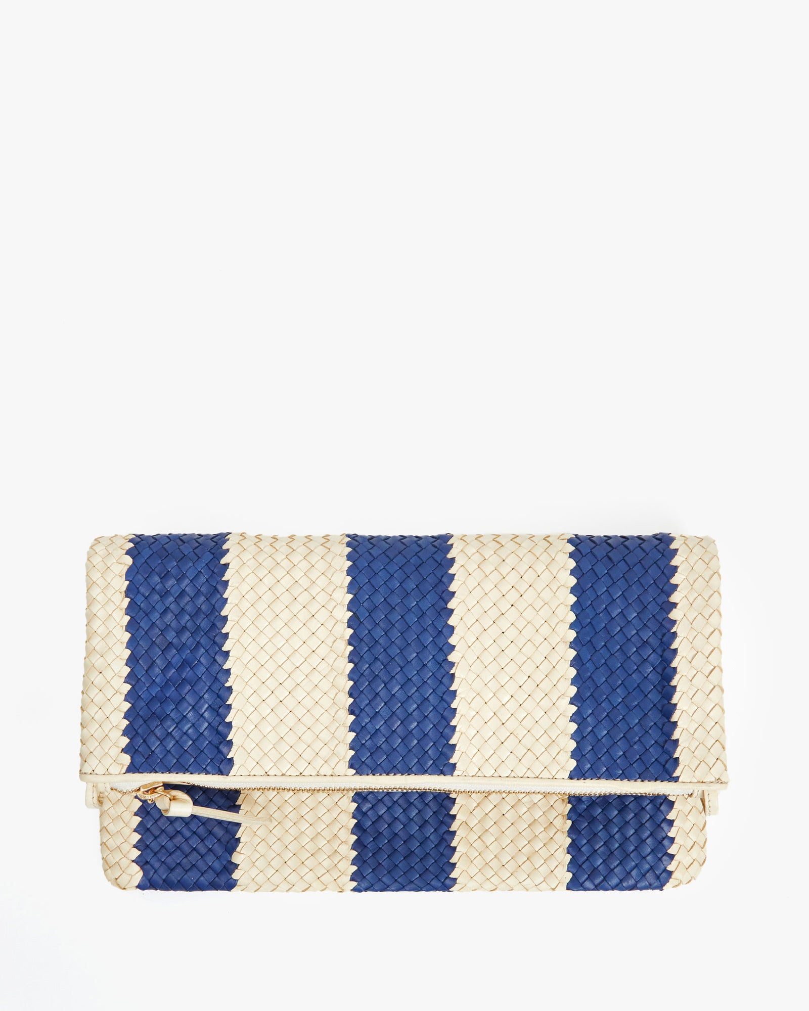 Indigo & Cream Woven Racing Stripes Foldover Clutch w/ Tabs