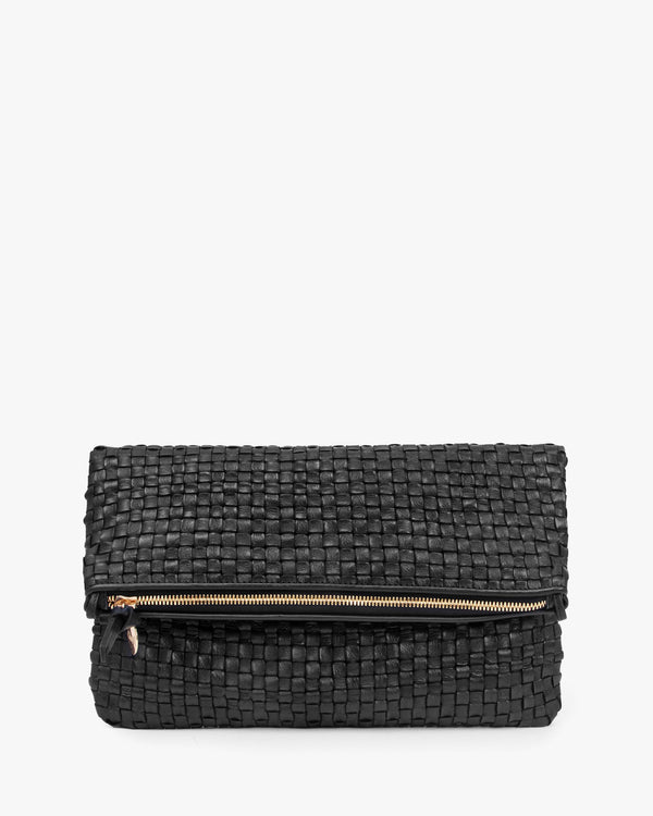 Black Woven Checker Foldover Clutch w/ Tabs
