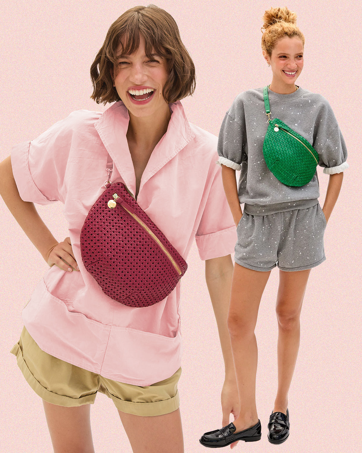 Two models carrying the Grande Fanny in Plummy Rattan and Grass Woven Checker. 