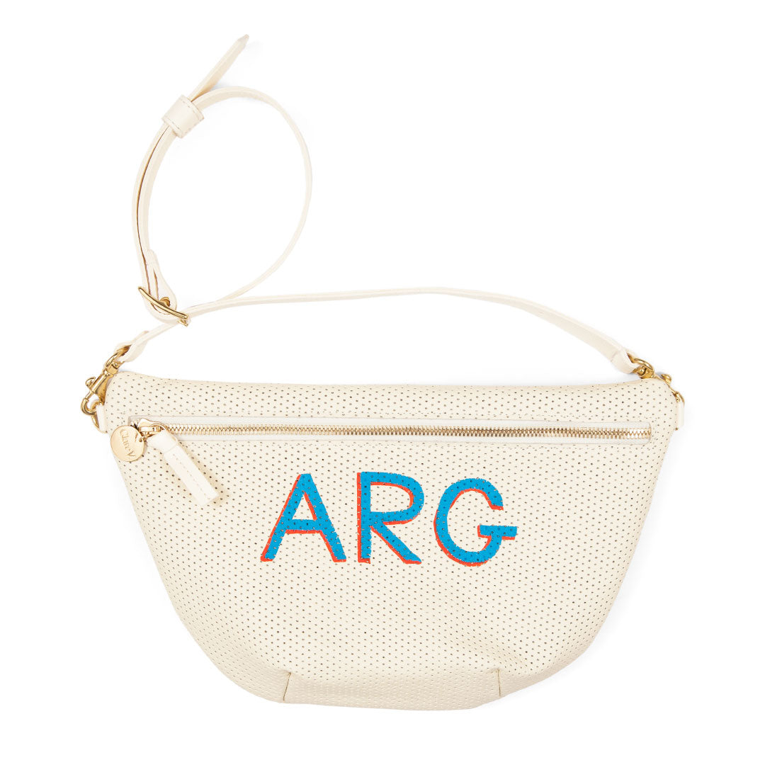 Cream Perf Grande Fanny with 2 Inch Hand Painted Monogram, Top Center Placement