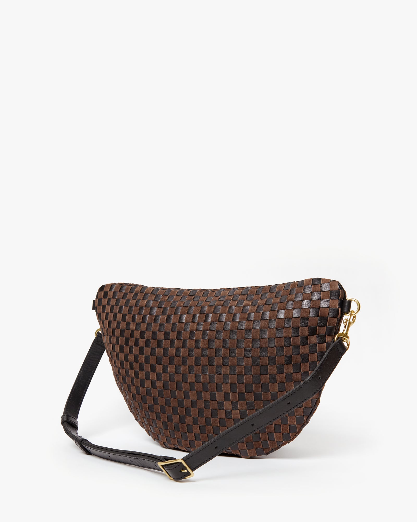 Back of the Black/Chocolate Woven Grande Fanny showing the Black leather belt strap. 